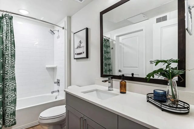 Bathtub toilet vanity with sink mirror bathroom at Vida @ Fitzsimons in Aurora Student Accommodation