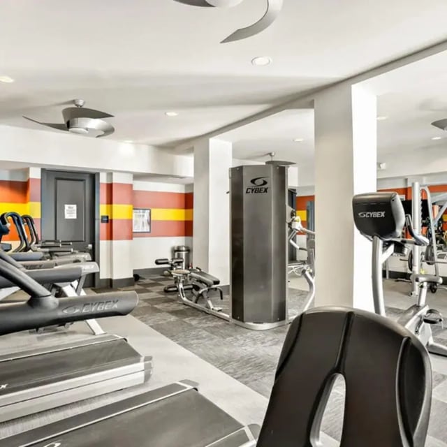 Treadmills weight machines and Cybex equipment gym at The Den in Columbia Student Accommodation
