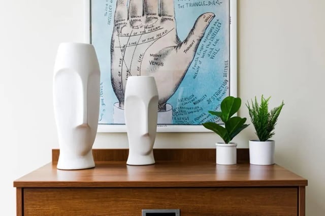 Face vases plants and palmistry poster living room at 20 Hawley Street in Binghamton Student Accommodation