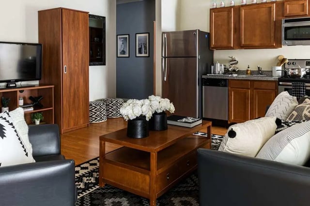 TV wardrobe and kitchen living room at 20 Hawley Street in Binghamton Student Accommodation