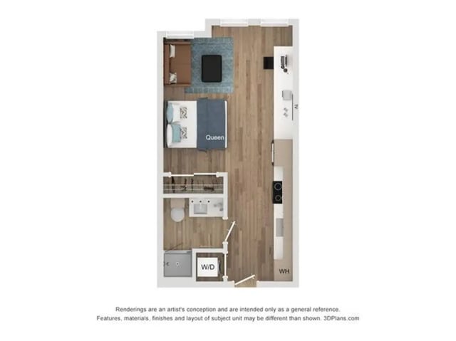 Queen bed couch kitchen bathroom studio floor plan at Lumen on Ninth in Columbus Student Accommodation
