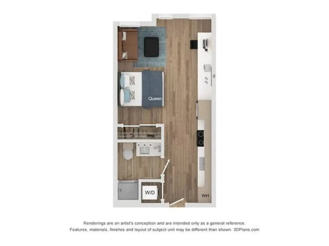 Queen bed sofa kitchen bathroom and laundry layout at Lumen on Ninth in Columbus Student Accommodation