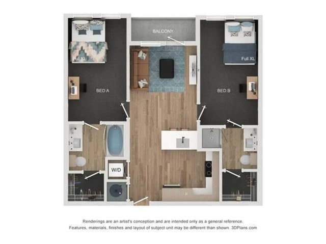 Two beds balcony living area kitchen bathroom floor plan at Lumen on Ninth in Columbus Student Accommodation