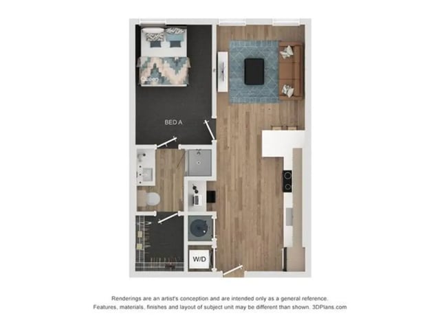 Bed living kitchen bathroom with washer dryer bedroom at Lumen on Ninth in Columbus Student Accommodation