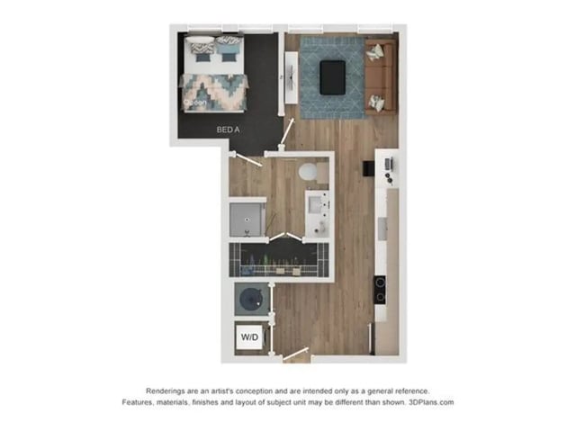 Bedroom living room kitchen bathroom studio layout at Lumen on Ninth in Columbus Student Accommodation