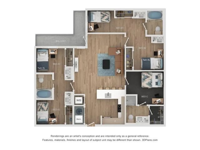 Floor plan shows three bedrooms living area and kitchen Floor plan at Lumen on Ninth in Columbus Student Accommodation