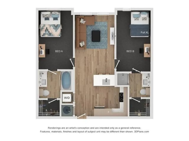 Two bedrooms with desks living area kitchen bathroom floor plan at Lumen on Ninth in Columbus Student Accommodation