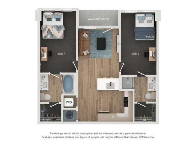 Two bedrooms living area kitchen and bathroom floor plan at Lumen on Ninth in Columbus Student Accommodation