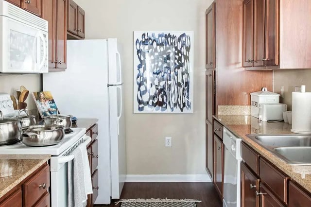 White refrigerator pots artwork on wall kitchen at University Village at Greensboro in Greensboro Student Accommodation