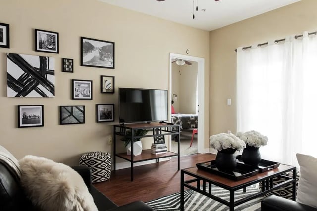 Wall art television and furniture living room at University Village at Greensboro in Greensboro Student Accommodation