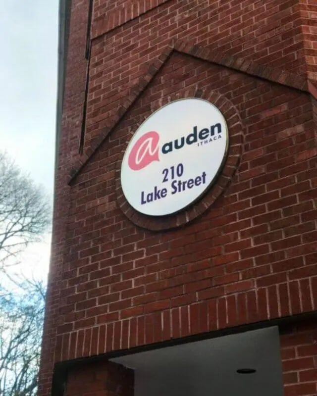 Auden Ithaca sign at 210 Lake Street exterior at Auden Ithaca in Ithaca Student Accommodation