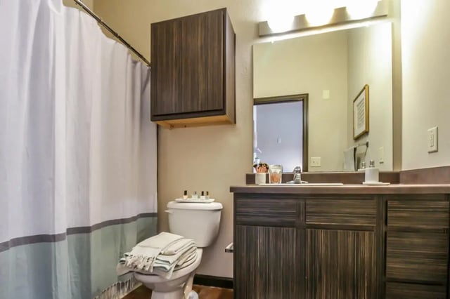 Toilet shower curtain mirror vanity and sink bathroom at The Crimson in Tuscaloosa Student Accommodation