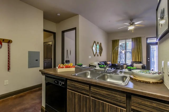 Kitchen counter with sink dishwasher and living area kitchen area at The Crimson in Tuscaloosa Student Accommodation