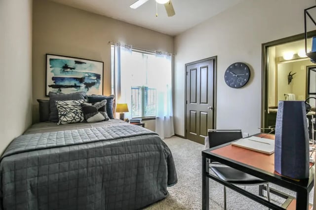 Bed desk painting and clock bedroom at The Crimson in Tuscaloosa Student Accommodation