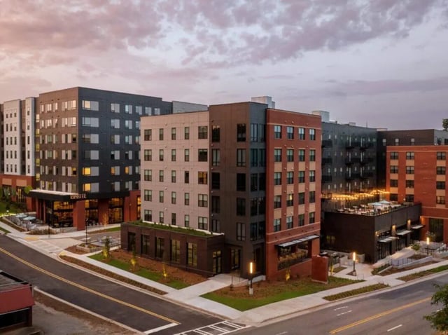 Modern student accommodation buildings with rooftop patio exterior at Rambler Athens in Atlanta Student Accommodation