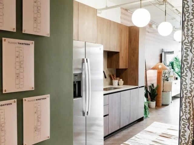 Stainless steel refrigerator modern kitchen cabinets with sink kitchen at Rambler Atlanta in Atlanta Student Accommodation