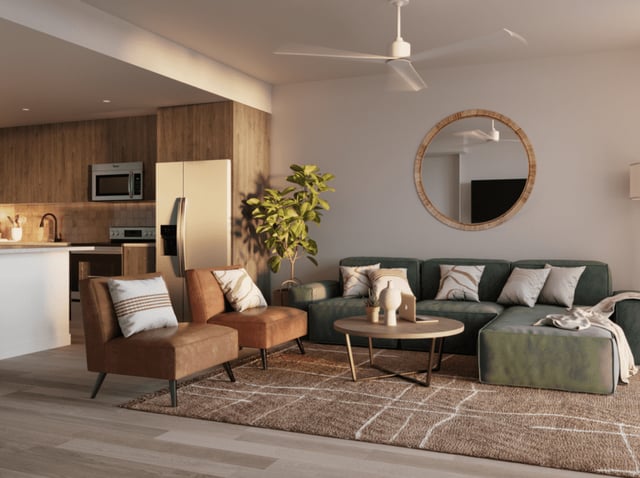 Modern living room with sectional sofa kitchen and chairs living room at Rambler Atlanta in Atlanta Student Accommodation
