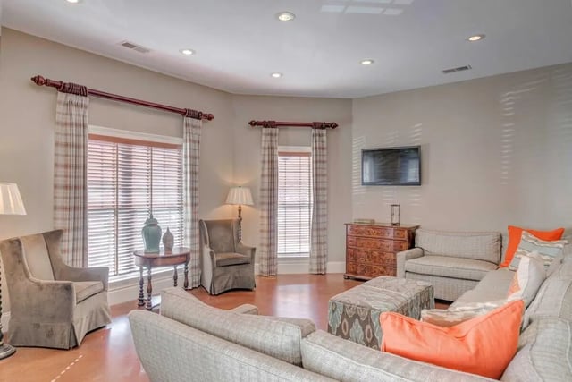Sofas ottoman chest television living room at The Reserve in Carrollton Student Accommodation