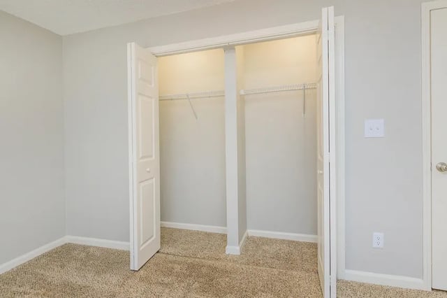 Empty closets with shelves carpeted floor bedroom at Villas De Solana in Atlanta Student Accommodation