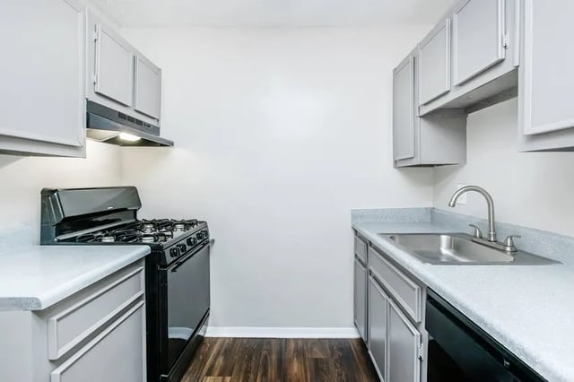 Black gas stove silver sink grey cabinets kitchen at Villas Del Mirasol in Roswell Student Accommodation