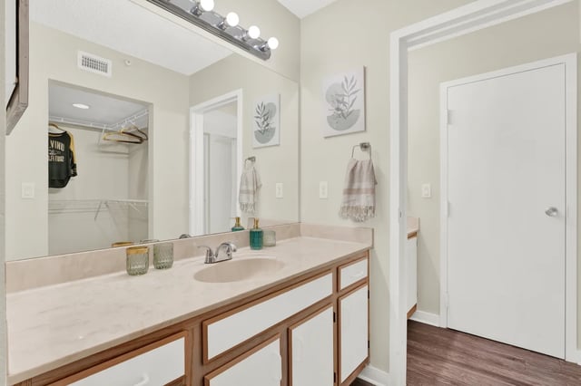 Sink counter closet and doorway bathroom at on50 Tampa Apartments in Tampa Student Accommodation