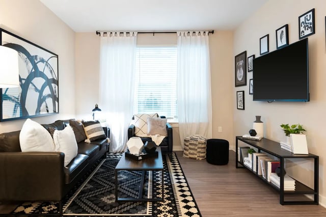 Leather sofa coffee table rug and wall art living room at The Indy Apartments in Marietta Student Accommodation