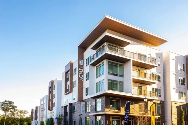 Modern apartment building with balconies exterior at The Indy Apartments in Marietta Student Accommodation