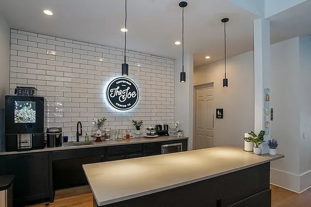Coffee bar with counter white subway tile kitchen at The Leonard Denton in Denton Student Accommodation