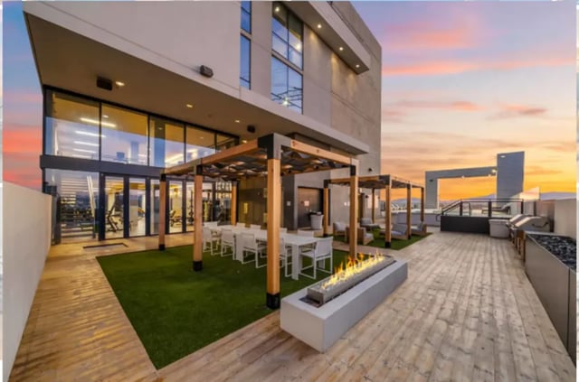 Modern patio with fire pit lounge area exterior at The Pacific and Malibu in Tucson Student Accommodation