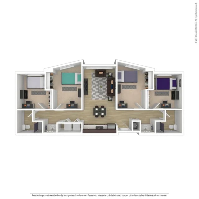 Four bedrooms living area kitchen and bathrooms floor plan at Student Living at Florida Polytechnic University in Lakeland Student Accommodation