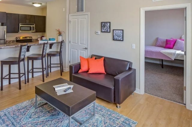 Living room with sofa kitchen bar and bedroom at Irish Flats in South Bend Student Accommodation