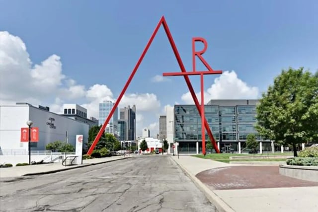 Large red ART sculpture city skyline exterior at The Abigail in Columbus Student Accommodation