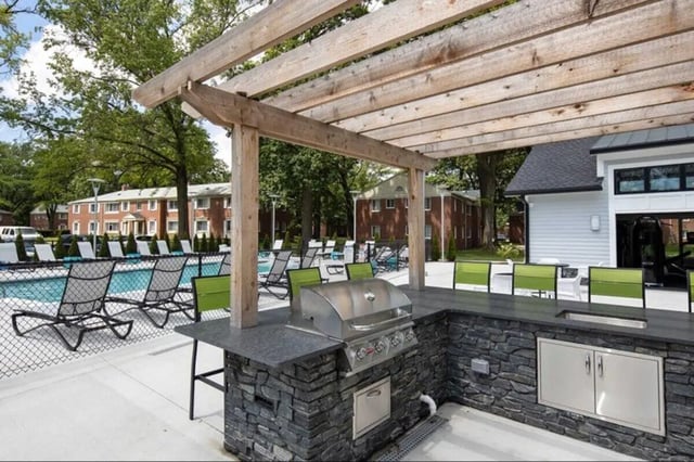 Outdoor kitchen grill and pool area living room at The Flats at Douglas in Toledo Student Accommodation