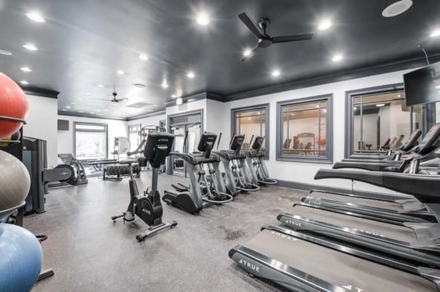 Treadmills ellipticals exercise balls gym fitness area at The Lodge on the Trail in West Lafayette Student Accommodation