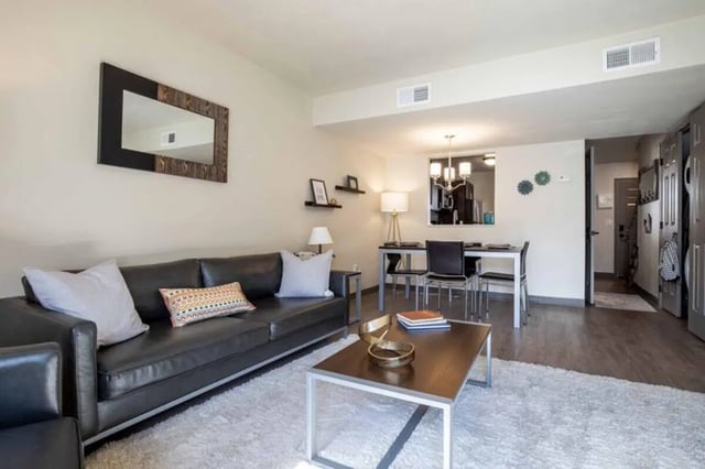 Leather sofa dining set mirror living room at Terrace View in Blacksburg Student Accommodation