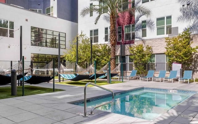 Hammocks loungers and swimming pool exterior at Nine 20 Tempe in Tempe Student Accommodation