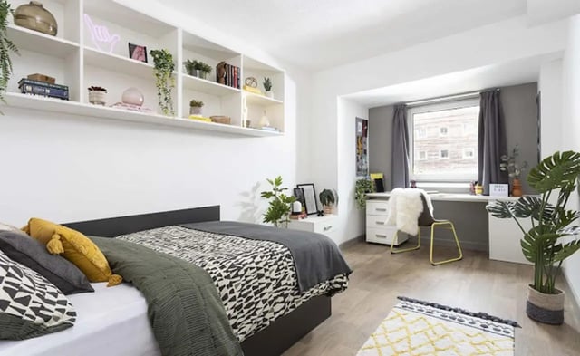 Bed shelves desk chair plants rug bedroom at New Medlock House in Manchester Student Accommodation