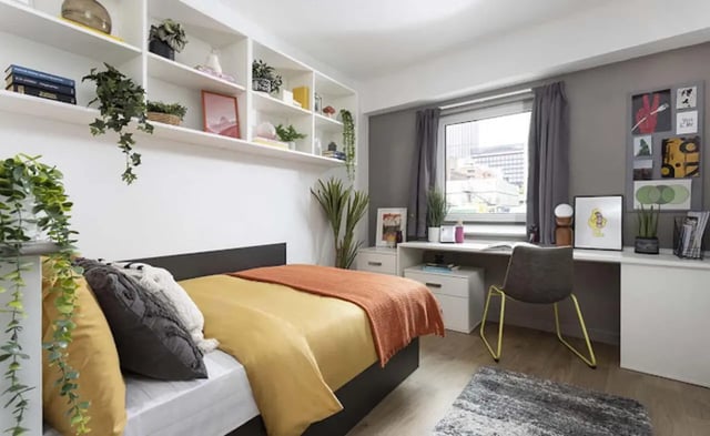Bed shelves plants desk chair study area at New Medlock House in Manchester Student Accommodation