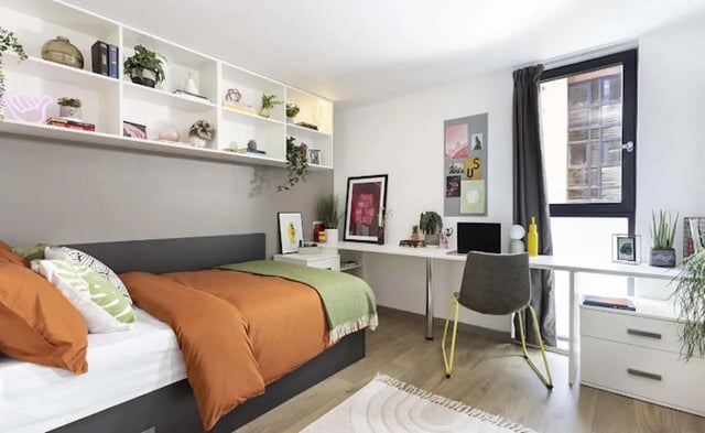 Bed desk shelves plants and window bedroom at Parkway Gate in Manchester Student Accommodation