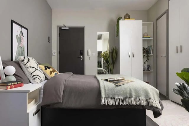 Bed closet door artwork and plant bedroom at Piccadilly Point in Manchester Student Accommodation