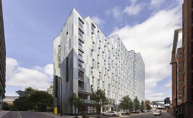 Modern building facade with many windows exterior at Piccadilly Point in Manchester Student Accommodation