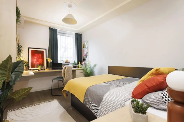 Bed desk chair plants artwork bedroom at Kincardine Court in Manchester Student Accommodation
