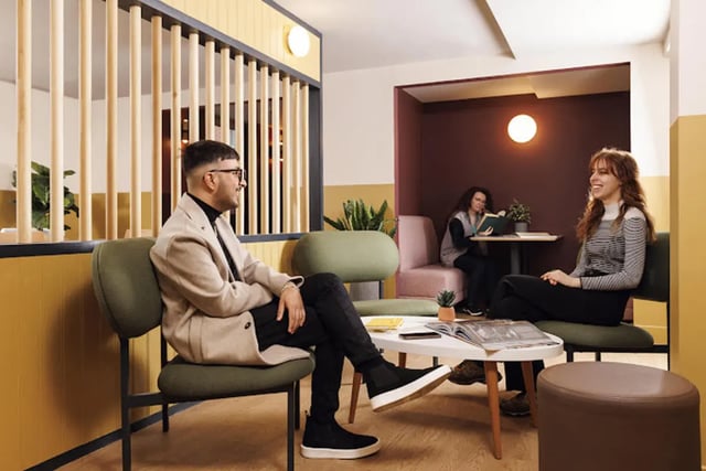 People in modern lounge area living room at Kincardine Court in Manchester Student Accommodation