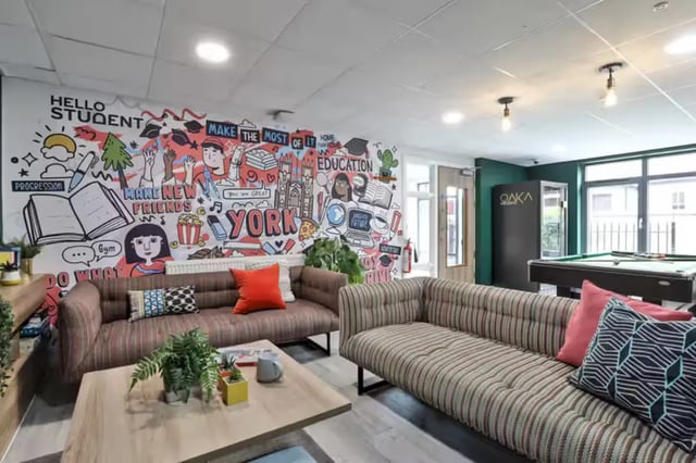 Two sofas mural pool table living area at Foss Studios in York Student Accommodation