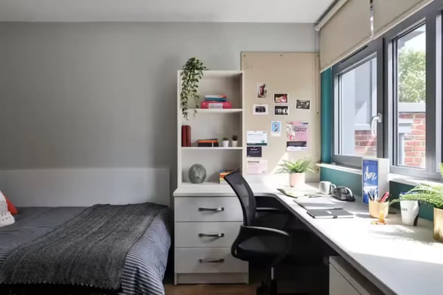 Bed desk shelf and chair student bedroom at Foss Studios in York Student Accommodation