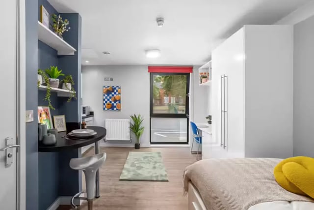Studio room with desk bed and kitchen bedroom at Alwyn Court in Cardiff Student Accommodation