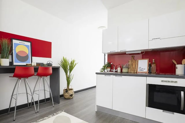Red chairs bar counter artwork plants kitchen kitchen area at Athena Studios in Birmingham Student Accommodation