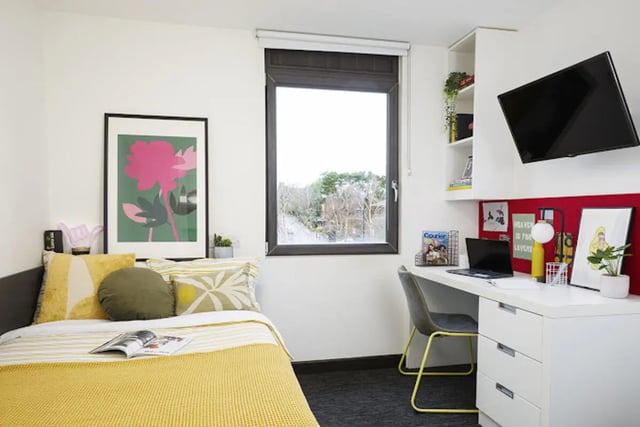 Bed desk artwork window television bedroom study area at Athena Studios in Birmingham Student Accommodation