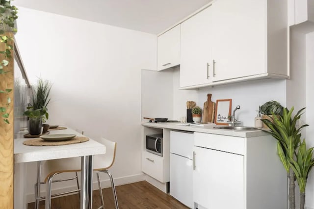 Table microwave fridge sink and plants kitchen at Tramworks in Glasgow Student Accommodation