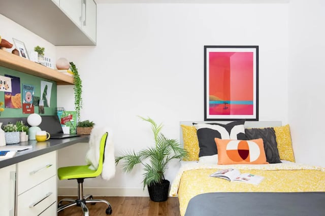 Desk bed plant and poster bedroom at Tramworks in Glasgow Student Accommodation